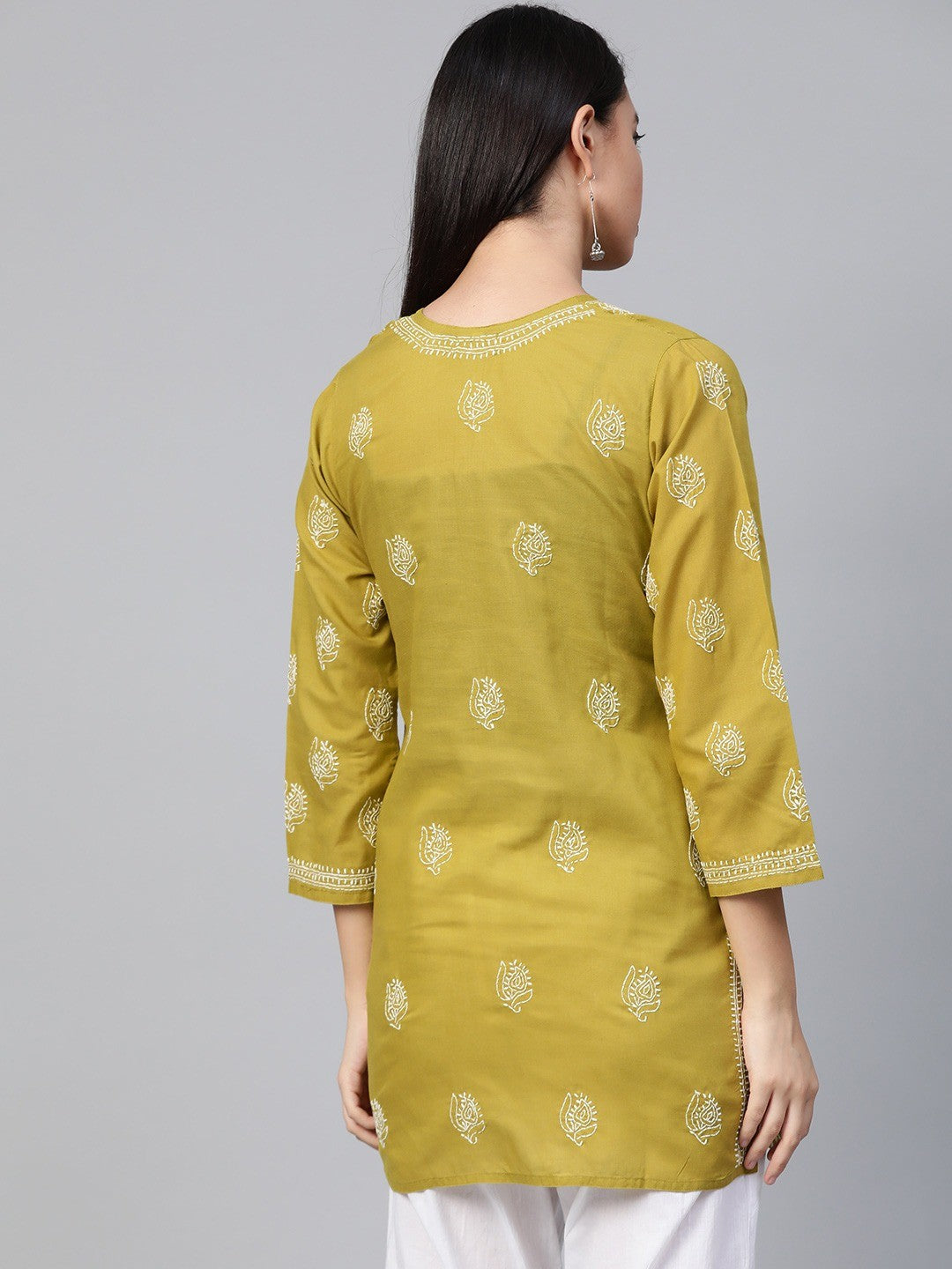 Ada Hand Embroidered Green Cotton Lucknowi Chikankari Short Kurti A210822