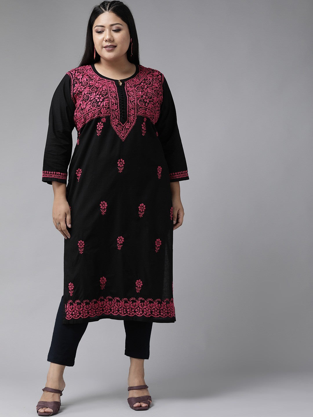 Ada Hand Embroidered Black Cotton Lucknowi Chikankari Straight Kurta A411543