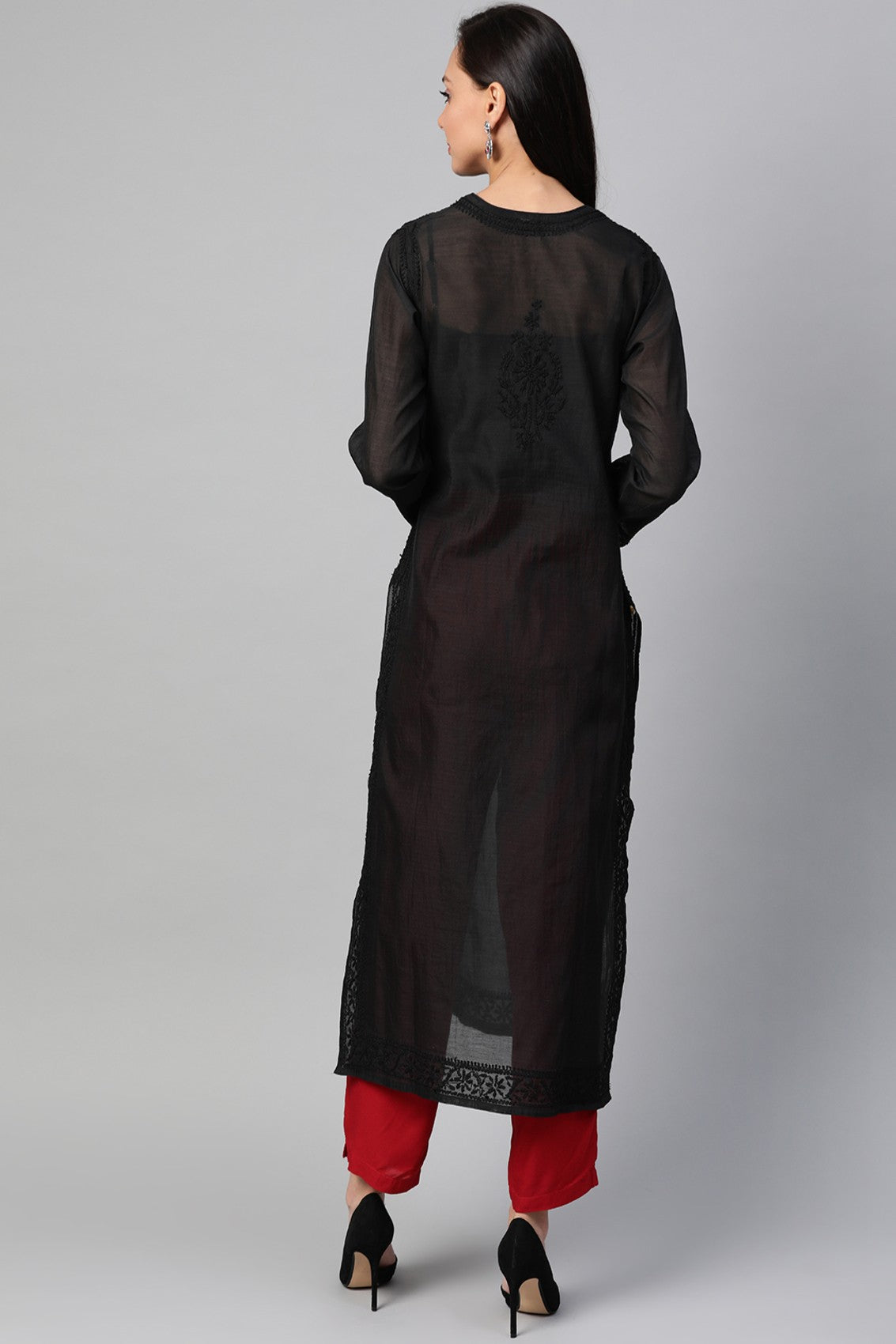 Ada Hand Embroidered Black Chanderi Lucknowi Chikankari Straight Kurta A100478
