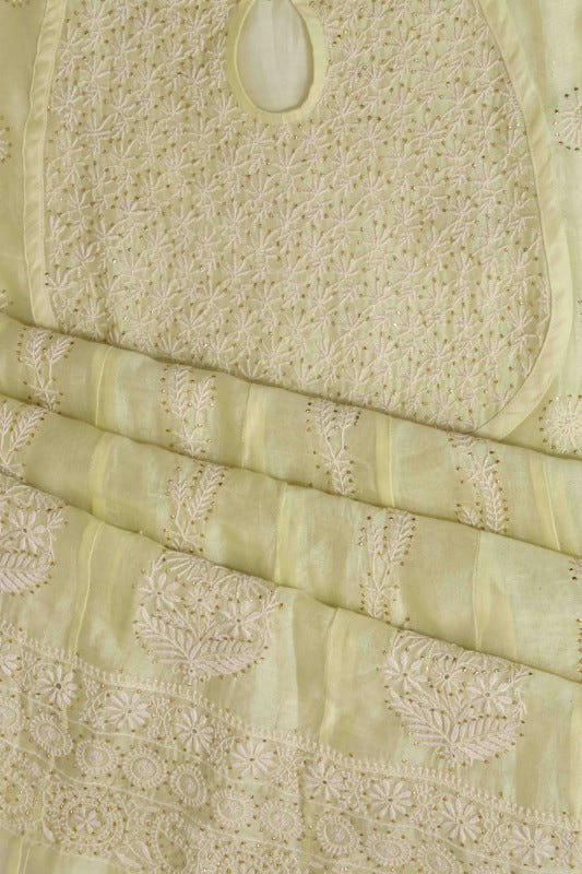 Ada Hand Embroidered Lemon Chanderi Lucknowi Chikankari Semi-Stitched Anarkali Kurta Dupatta Set With Muqaish Work A559713