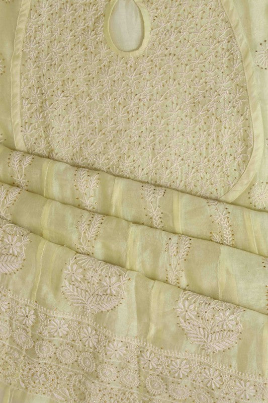 Ada Hand Embroidered Lemon Chanderi Lucknowi Chikankari Semi-Stitched Anarkali Kurta Dupatta Set With Muqaish Work A559713