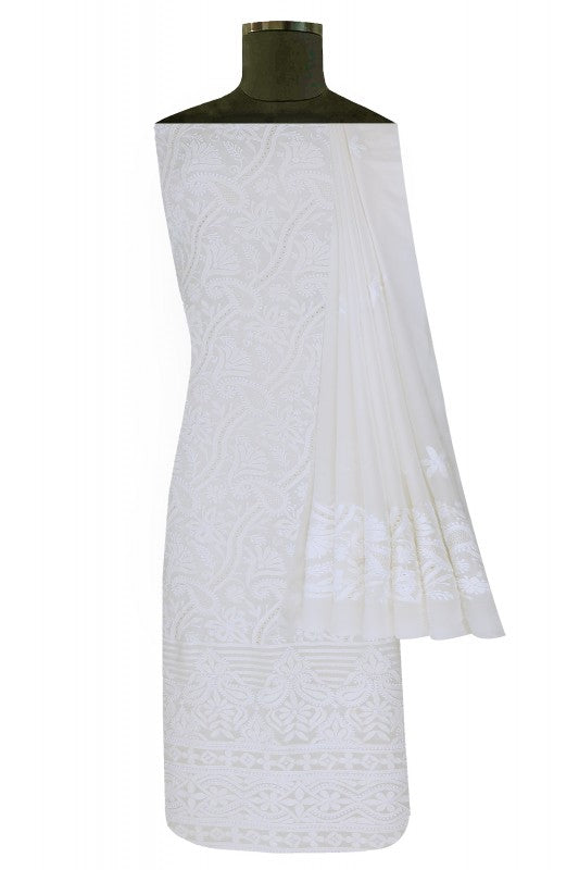 Ada Hand Embroidered White Pure Georgette Lucknowi Chikan Unstitched Kurta Dupatta Set A582986