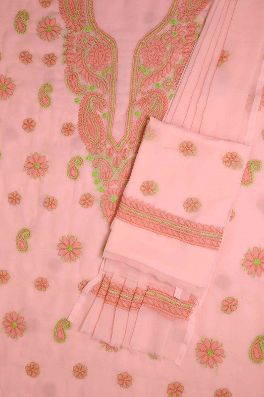 Ada Hand Embroidered Peach Georgette Lucknowi Chikankari Unstitched Suit Piece A211192