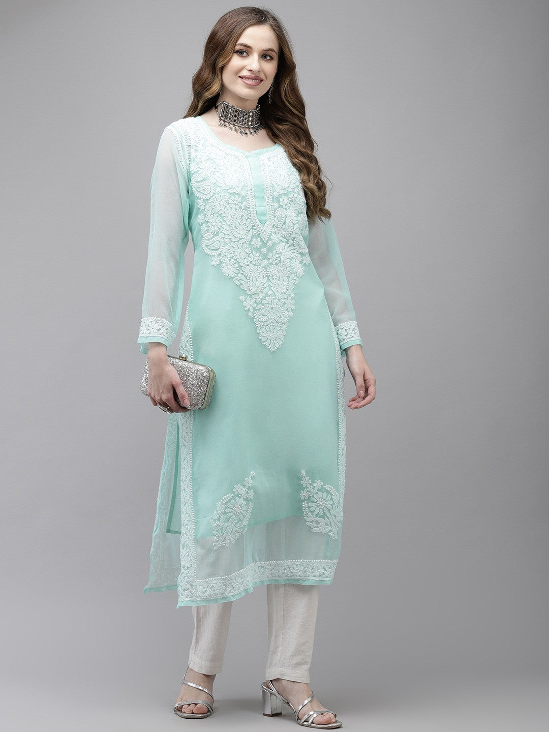 Ada Hand Embroidered Turquoise Blue Georgette Lucknow Chikan Kurta with Slip A411362