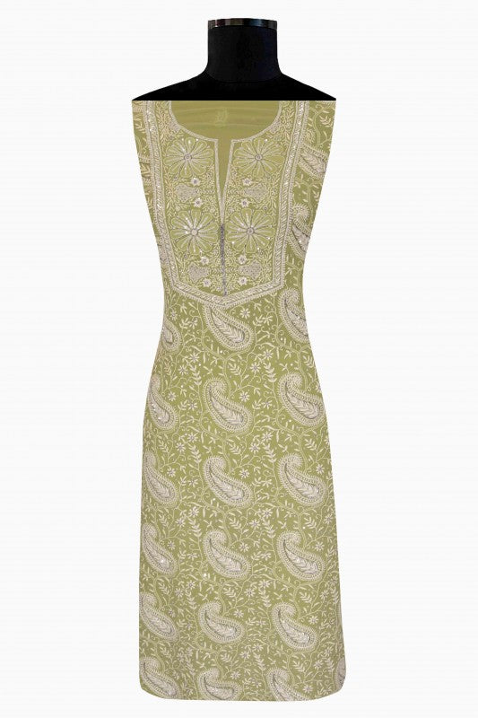 Ada Hand Embroidered Sage Green Pure Georgette Chikan Unstitched Kurta Dupatta Set with Sequinned Work - A511812