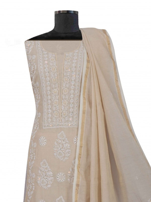Ada Hand Embroidered Natural Fawn Tissue Lucknowi Chikankari Unstitched Kurta Dupatta Set With Pearl Work 01A193516