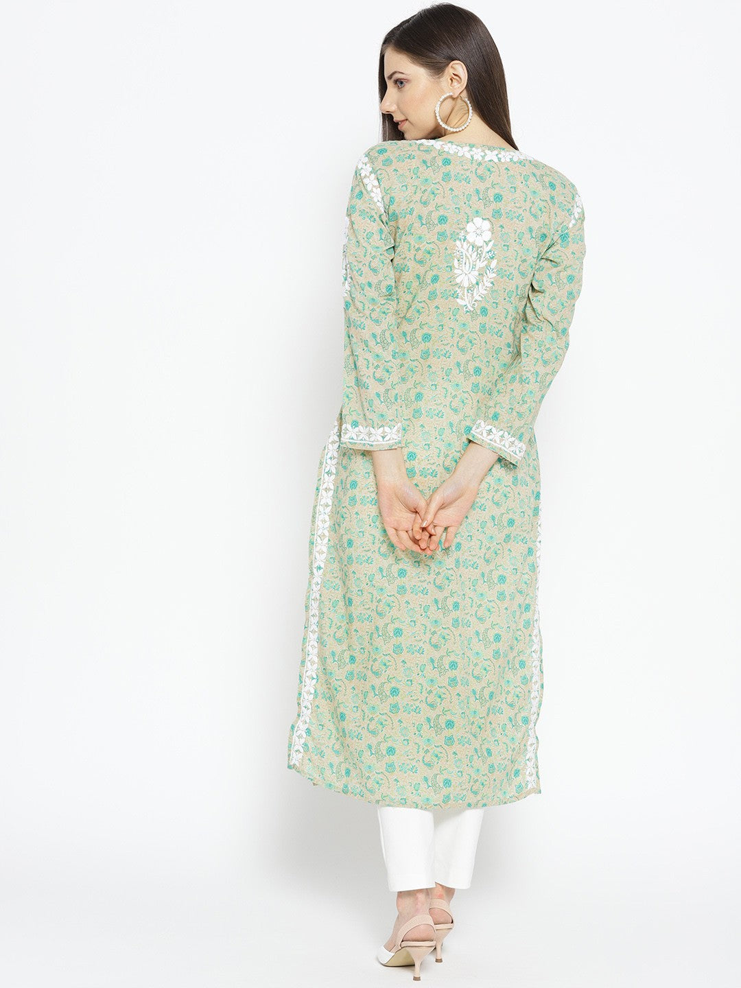 Ada Hand Embroidered Fawn Green Cotton Lucknowi Chikankari Kurta- A100029
