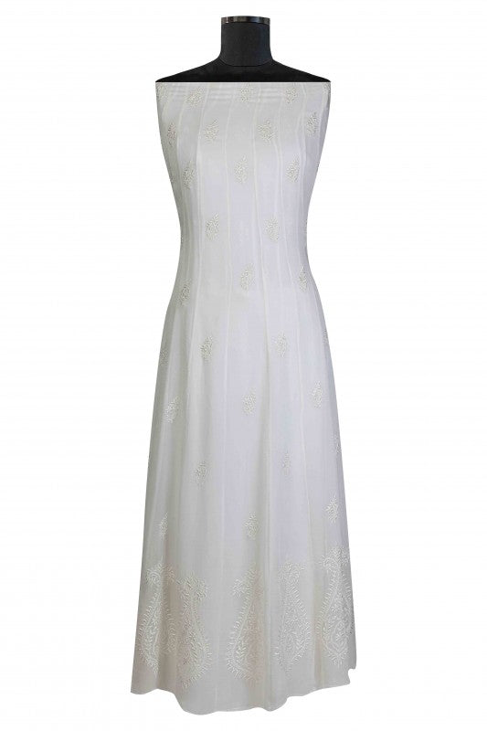 Ada Hand Embroidered White Organic Bamboo Semi-Stitched Anarkali Kurta Dupatta Set A597307