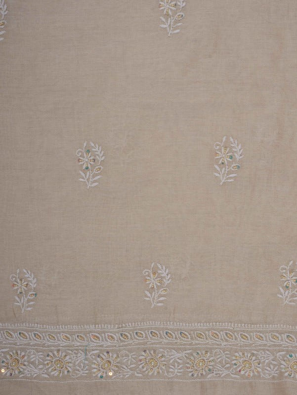 Ada Hand Embroidered Natural Fawn Tissue Lucknowi Chikankari Unstitched Kurta Dupatta Set With Pearl Work 01A193516