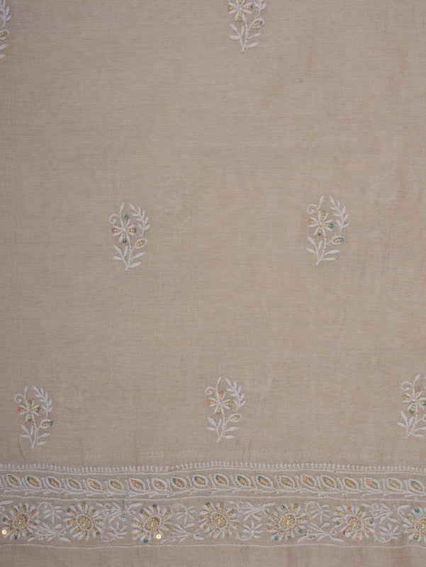 Ada Hand Embroidered Natural Fawn Tissue Lucknowi Chikankari Unstitched Kurta Dupatta Set With Pearl Work 01A193516