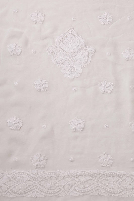 Ada Hand Embroidered White Georgette Lucknowi Chikan Unstitched Kurta Dupatta Set A613046