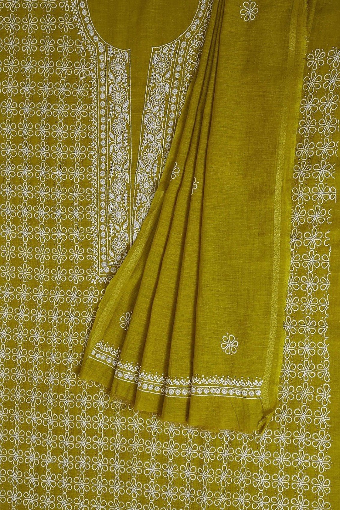 Ada Hand Embroidered Olive Green Khadi Chikankari Unstitched Suit Piece With Muqaish Work A454744