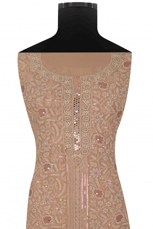 Ada Hand Embroidered Fawn Pure Georgette Lucknowi Chikan Unstitched Kurta Dupatta set A600736