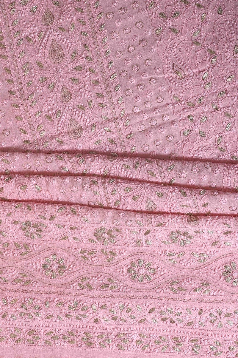 Ada Hand Embroidered Baby Pink Georgette Lucknowi Chikan Unstitched Kurta Piece with Gota Patti Work A579389