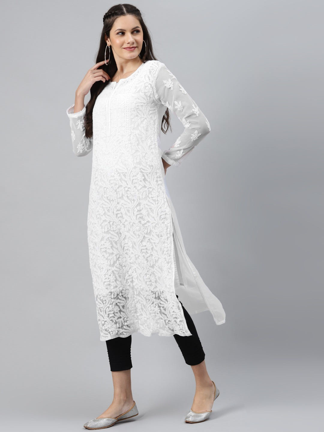 Ada Hand Embroidered White Georgette Lucknowi Chikankari Straight Kurta Set With Slip A811192