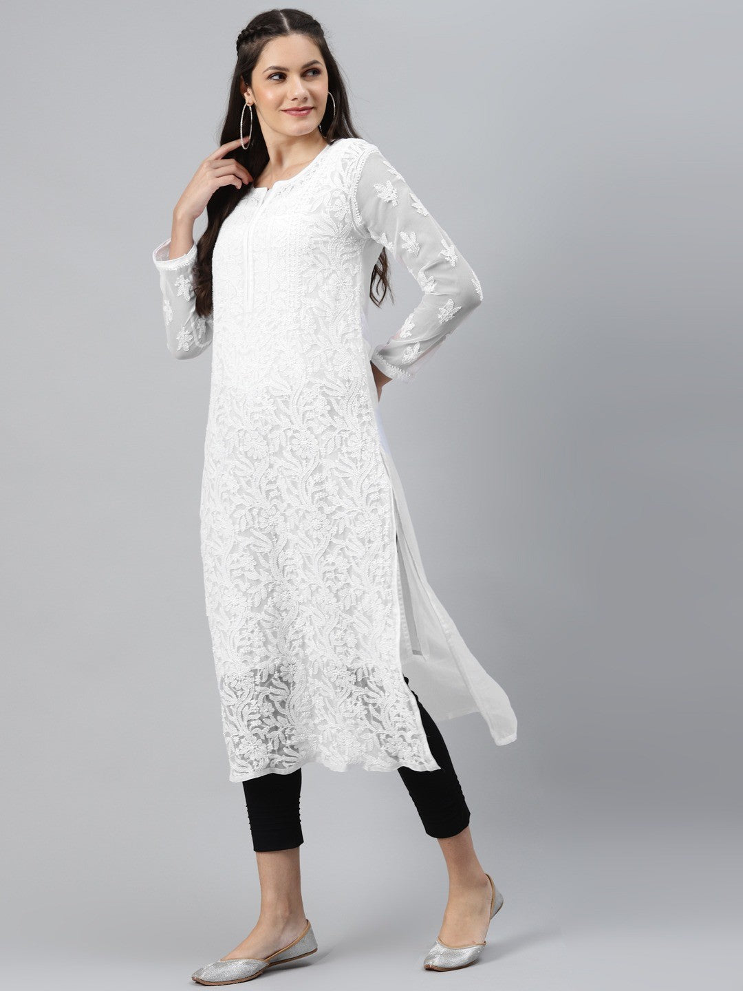 Ada Hand Embroidered White Georgette Lucknowi Chikankari Straight Kurta Set With Slip A811192