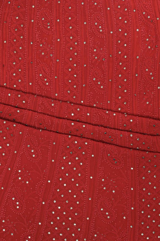 Ada Hand Embroidered Red Pure Georgette Lucknowi Chikankari Semi-stitched Anarkali Kurta Dupatta Set With Muqaish Work- A578342