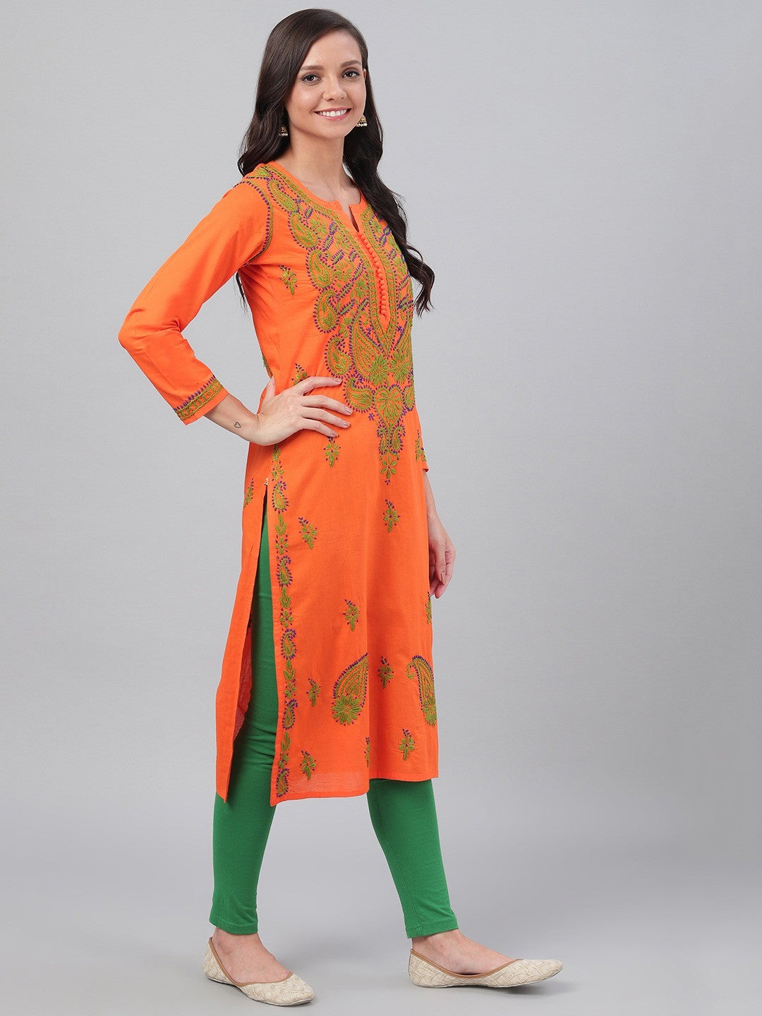 Ada Hand Embroidered Orange Cotton Lucknowi Chikankari Straight Kurta A223686
