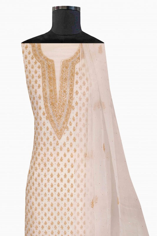 Ada Hand Embroidered Off White Organza Lucknowi Chikan Unstitched Kurta Dupatta Set with Muqaish Work - A559952