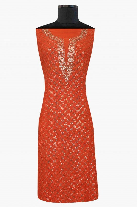 Ada Hand Embroidered Rust Georgette Lucknowi Chikankari Unstitched Kurta Piece With Muqaish Work A621751