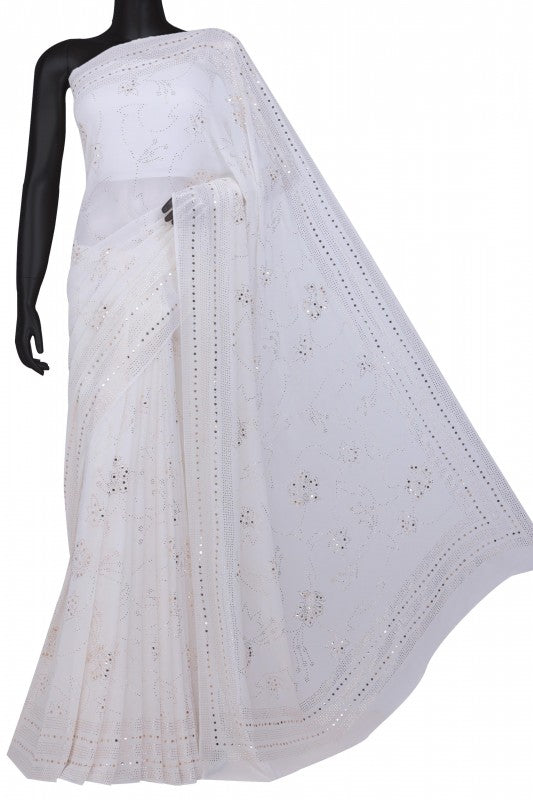 Ada Hand Embroidered White Pure Georgette Lucknowi Chikankari Saree / Blouse with Muqaish Work A617657