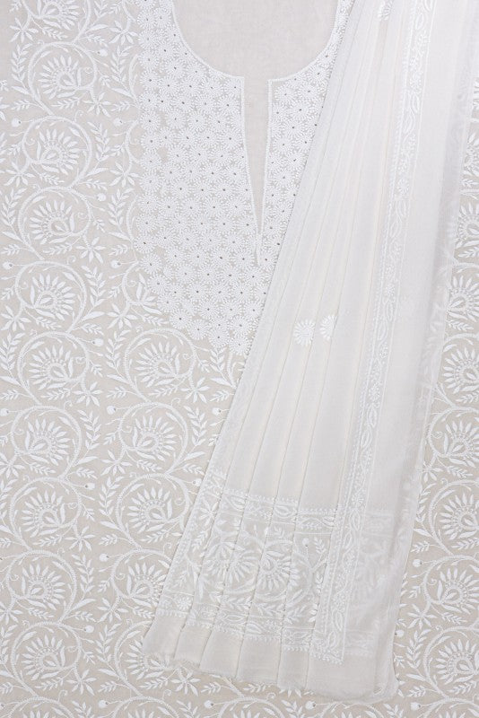 Ada Hand Embroidered White Pure Georgette Lucknowi Chikan Unstitched Kurta Dupatta Set- A257105