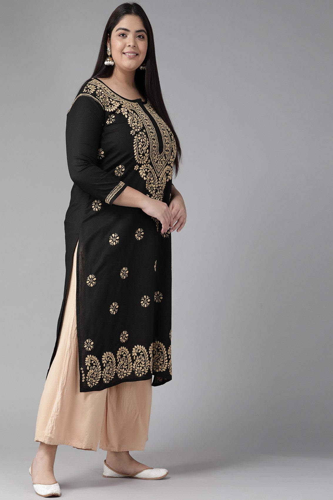 Ada Hand Embroidered Black Cotton Lucknowi Chikankari Straight Kurta A207632