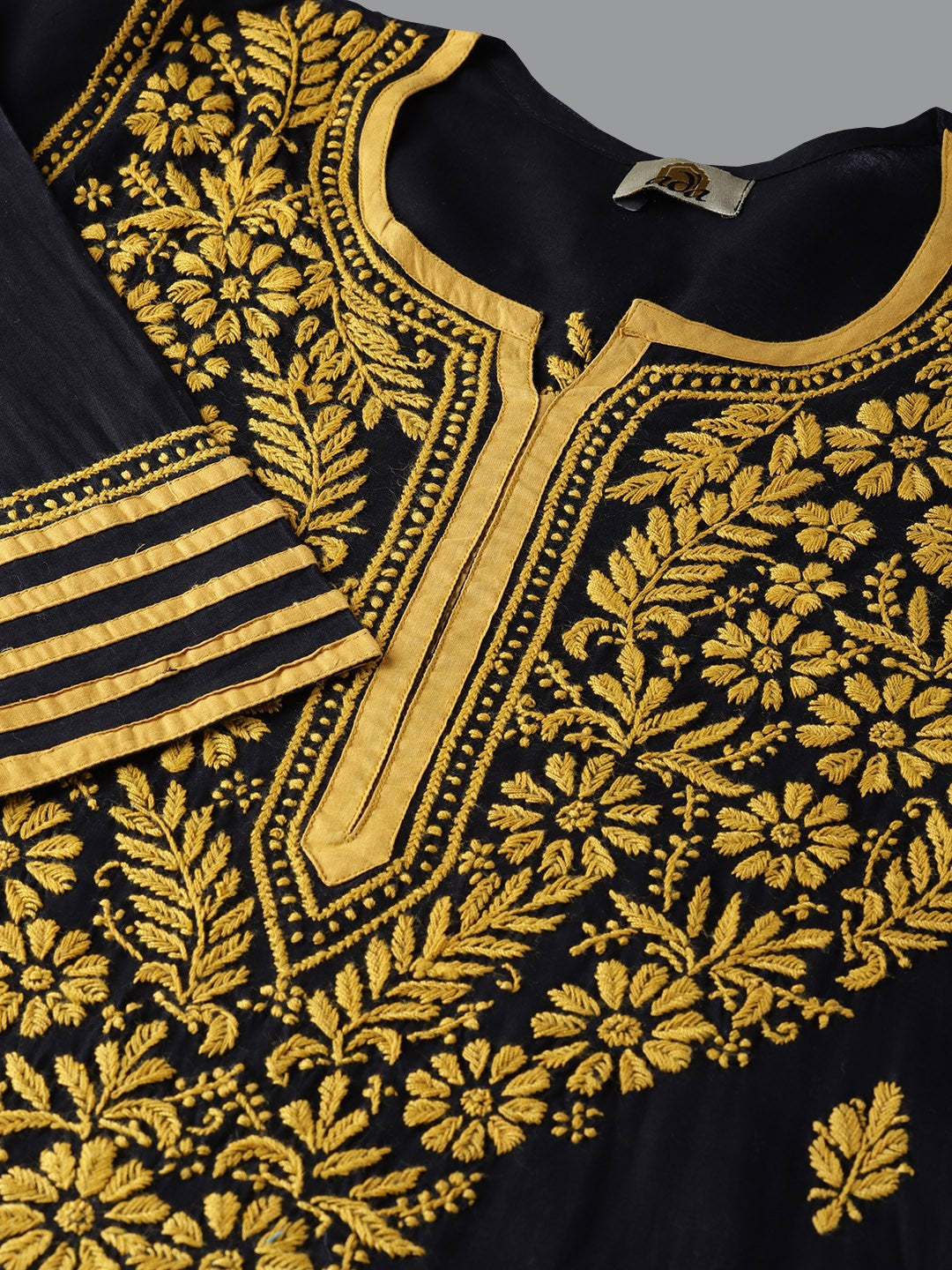 Ada Hand Embroidered Black Cotton Lucknowi Chikankari Kurta with Churidar Set A100014