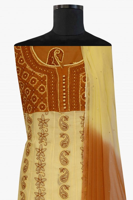 Ada Hand Embroidered Yellow Cotton Lucknowi Chikan Unstitched Suit Piece –A592874