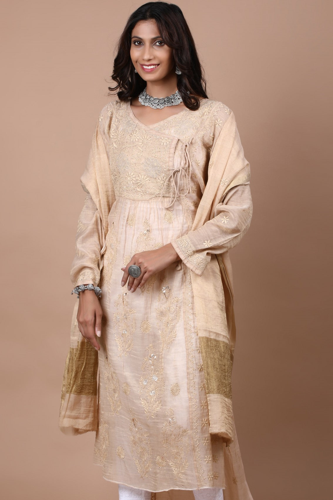 Ada Hand Embroidered Natural Fawn Tissue Lucknowi Chikankari Semi-stitched Kurta Dupatta Set With Muqaish Work 01A111783