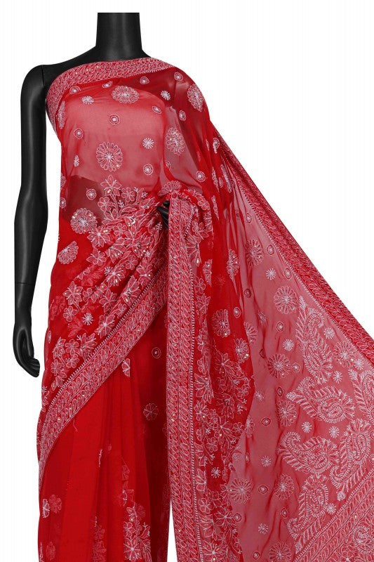Ada Hand Embroidered Red Georgette Lucknowi Chikankari Saree/Blouse with Sequinned work 01A108206