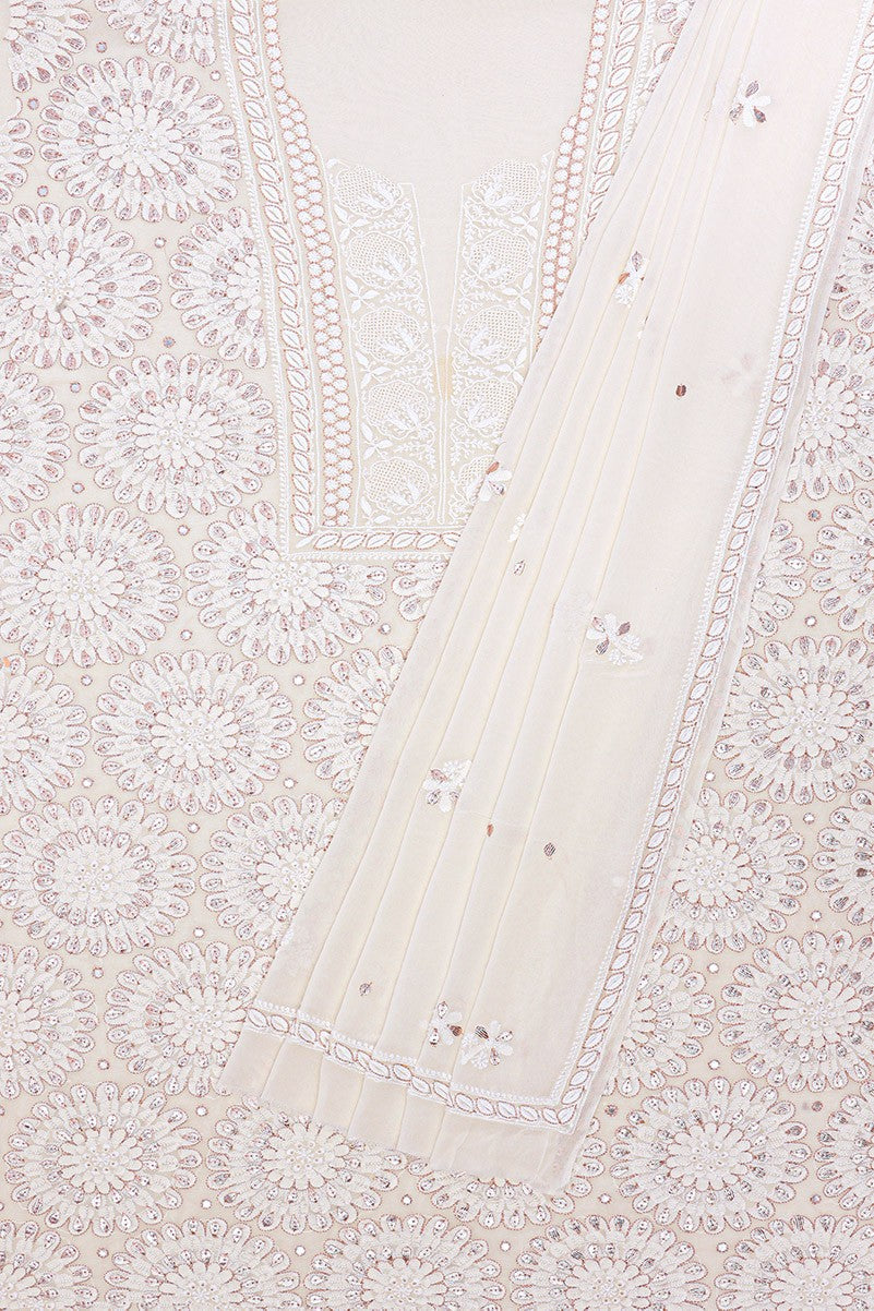 Ada Hand Embroidered White Pure Georgette Lucknowi Chikan Unstitched Kurta Dupatta Set With Gota Patti Work- A576809