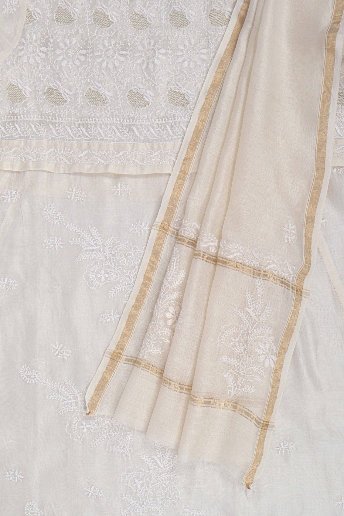 Ada Hand Embroidered Off White Chanderi Lucknowi Chikankari Semi-stitched Kurta Dupatta Set With Zari Work 01A124160