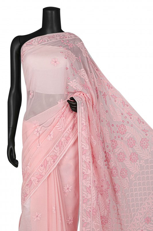Ada Hand Embroidered Baby Pink Georgette Lucknowi Chikankari Saree With Blouse A610318