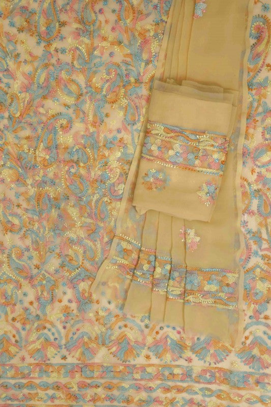 Ada Hand Embroidered Fawn Georgette Lucknowi Chikan Unstitched Suit Piece - A211198