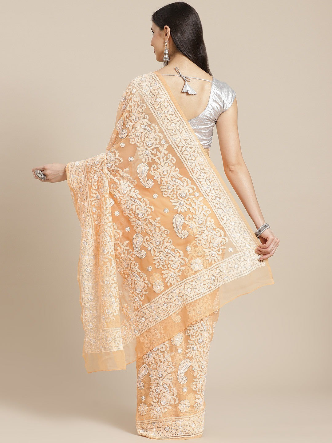 Ada Hand Embroidered Peach Georgette Lucknow Chikan Saree with Blouse A311240