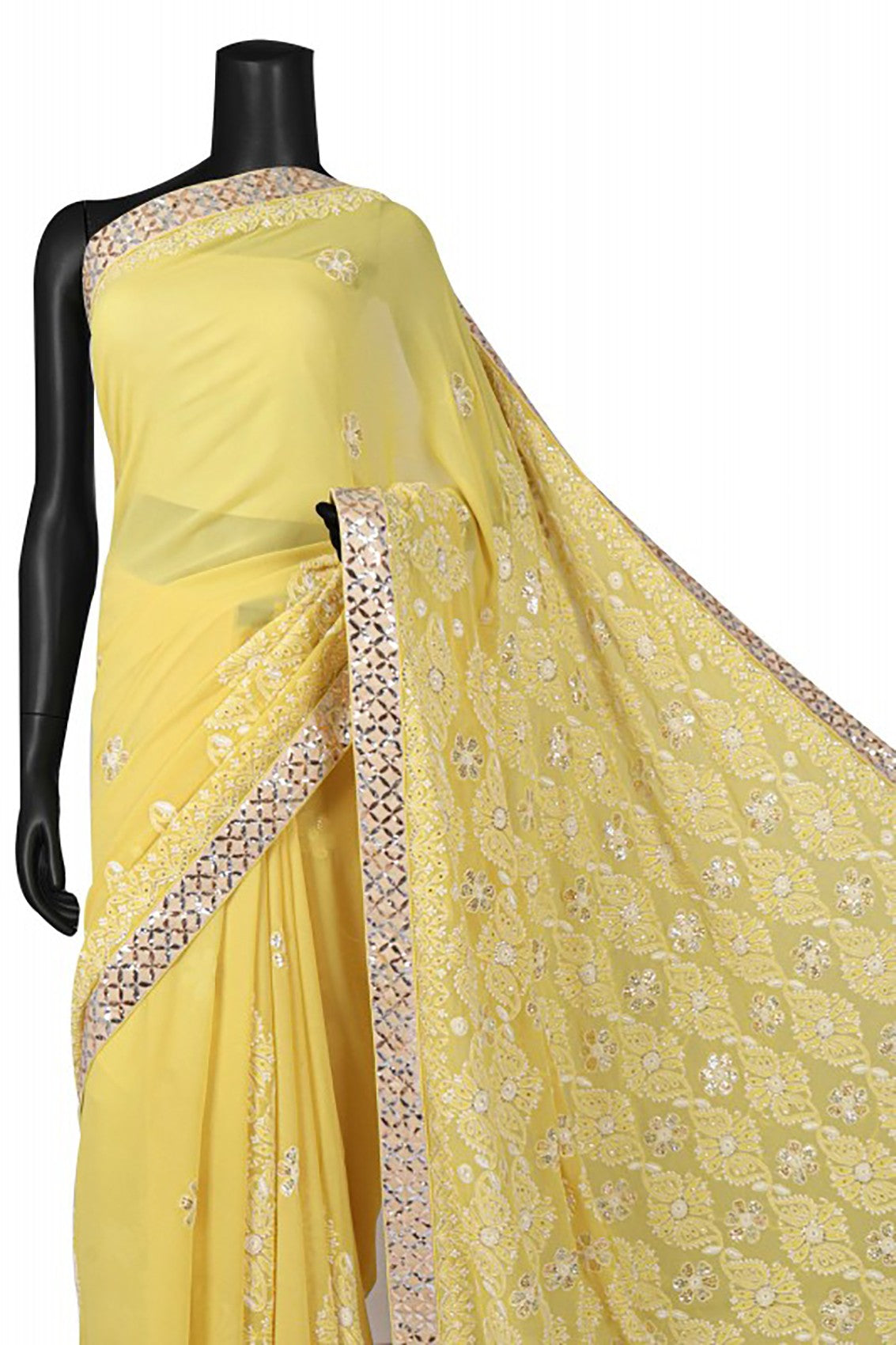 Ada Hand Embroidered Yellow Pure Georgette Lucknowi Chikankari Saree/Blouse With Muqaish Work 01A112478