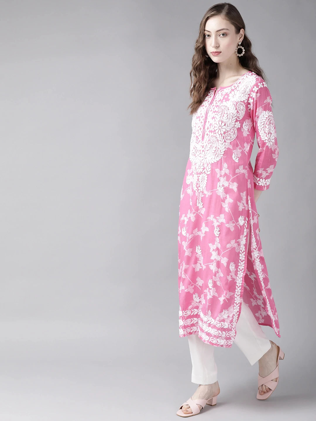Ada Hand Embroidered Pink Cotton Lucknowi Chikankari Straight Kurta A411269