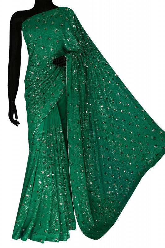 Ada Hand Embroidered Emerald Green Shaded Pure Georgette Lucknowi Chikankari Saree/Blouse with Muqaish Work A406251