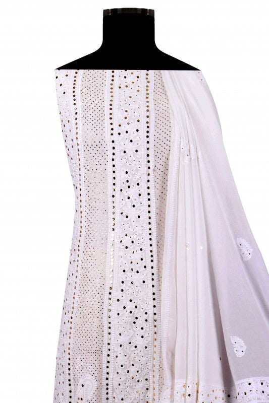 Ada Hand Embroidered White Georgette Lucknowi Chikankari Semi-Stitched Anarkali Kurta Dupatta Set With Muqaish Work 01A137140