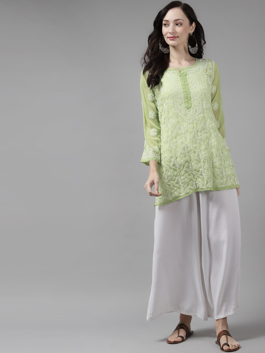 Ada Hand Embroidered Green Georgette Lucknow Chikan Kurti A911154