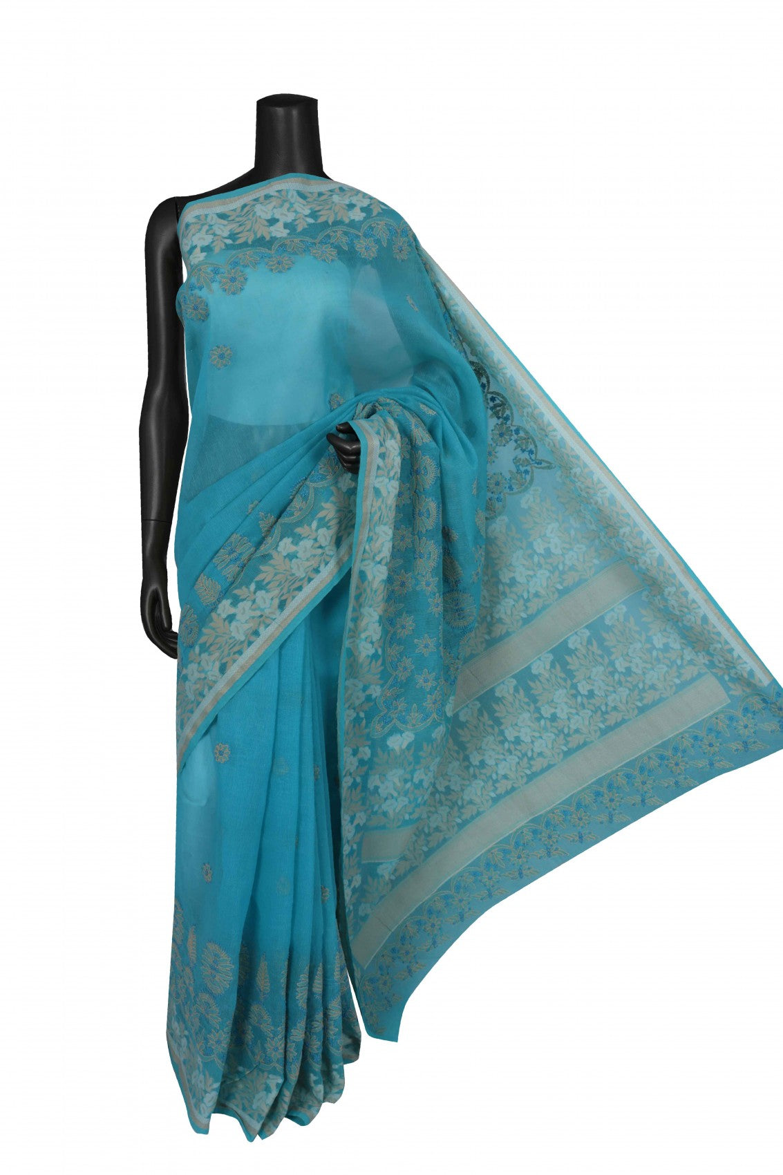 Ada Hand Embroidered Blue Chanderi Lucknowi Chikankari Saree With Blouse A613175