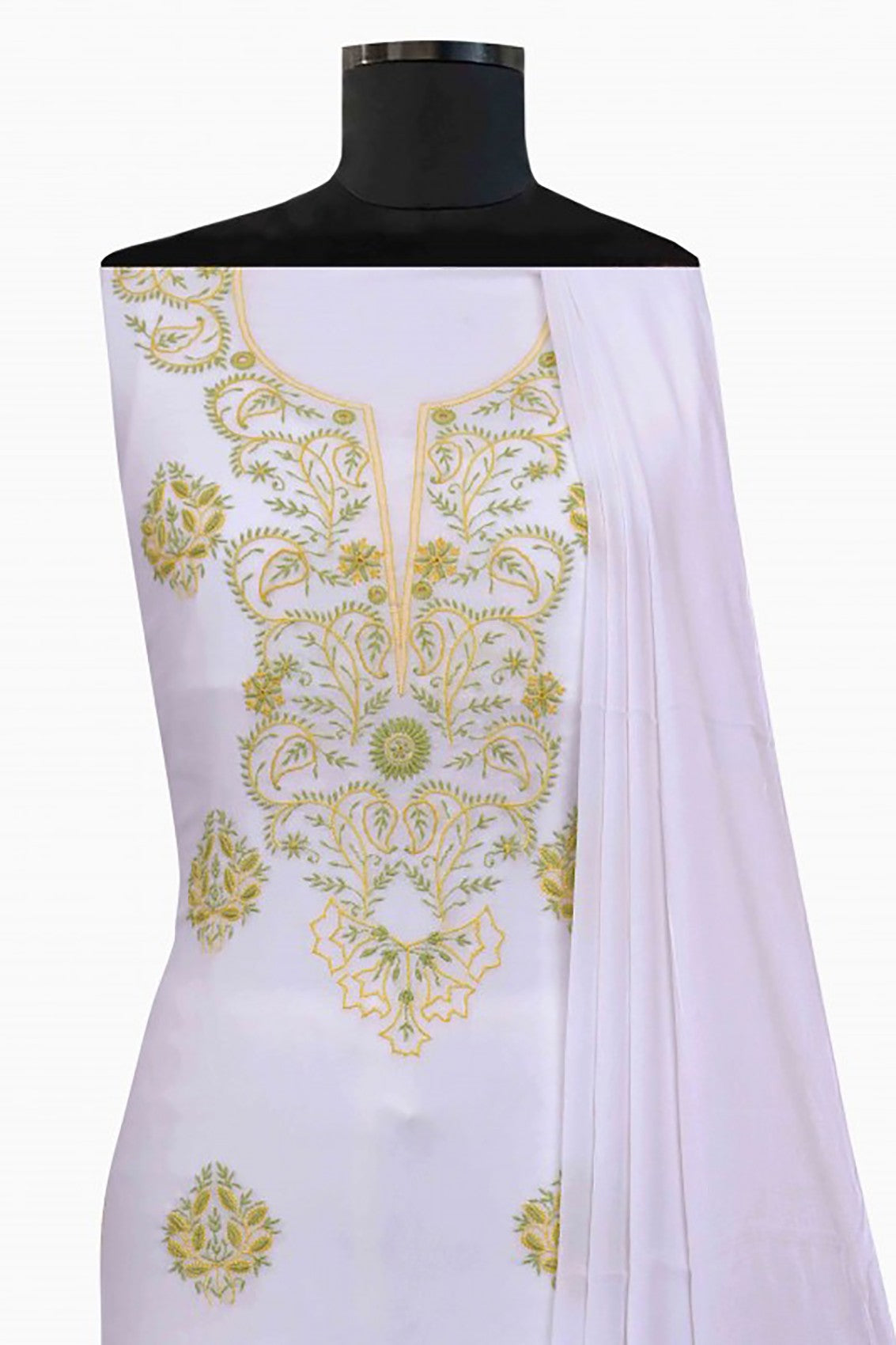 Ada Hand Embroidered White Georgette Lucknowi Chikankari Unstitched Kurta Dupatta Set A442515