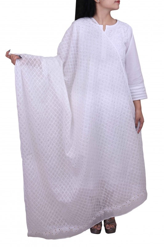 Ada Hand Embroidered White Kota Lucknowi Chikankari Dupatta With Muqaish Work A600693
