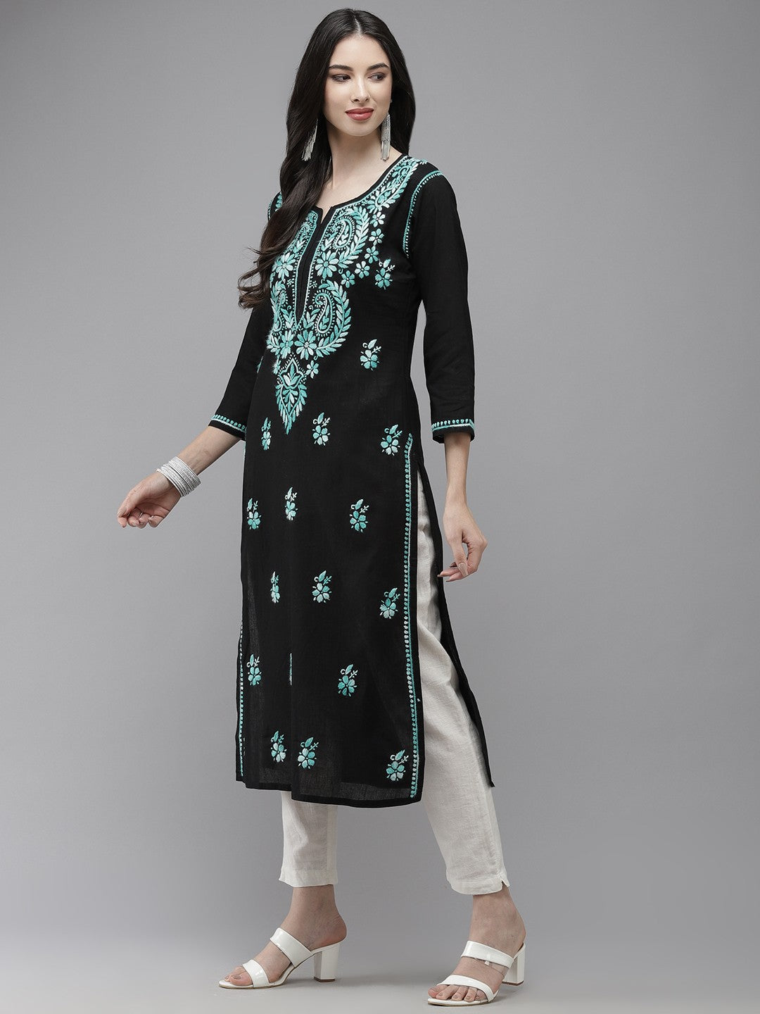 Ada Hand Embroidered Black Cotton Lucknow Chikankari Kurta A411279