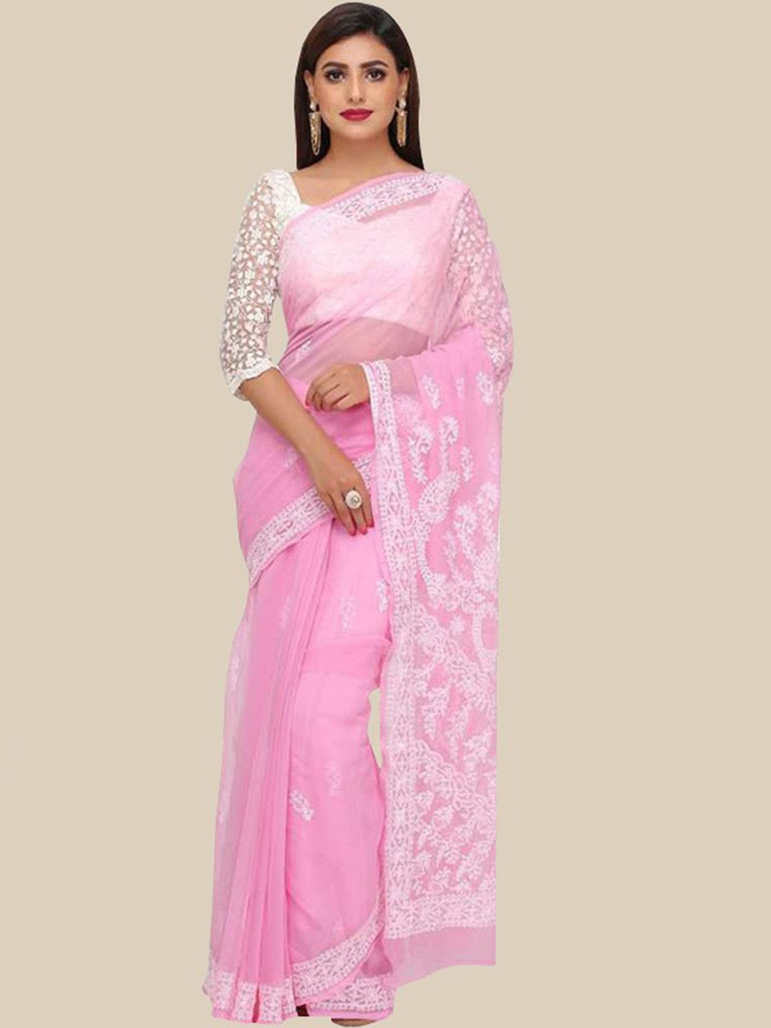 Ada Hand Embroidered Baby Pink Georgette Lucknowi Chikankari Saree with Blouse A204482