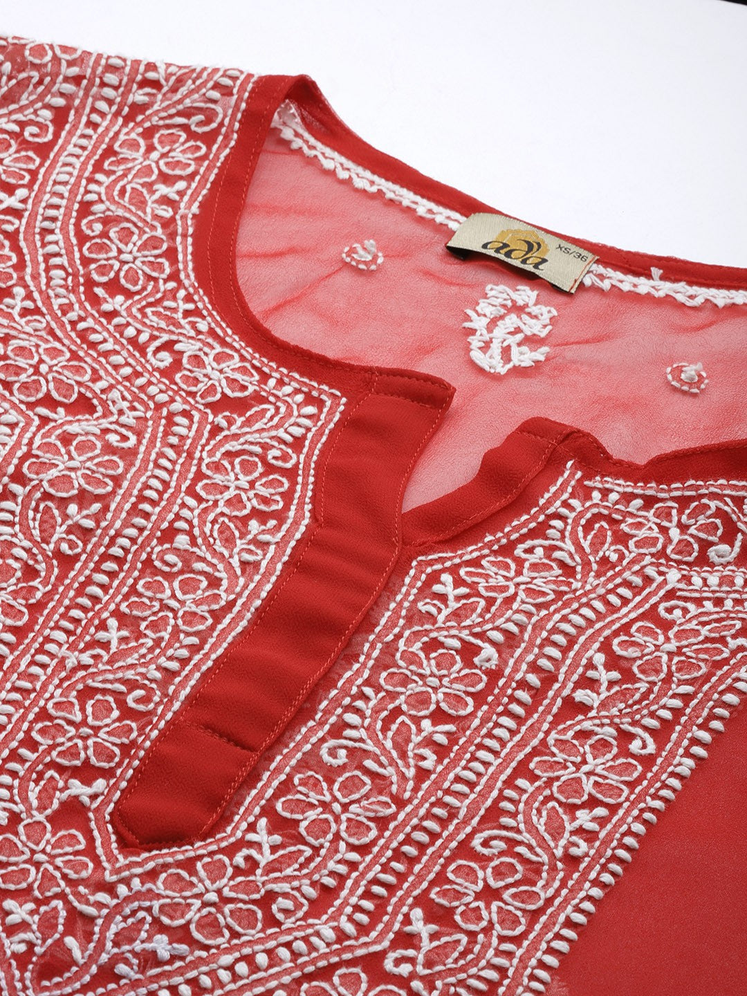 Ada Hand Embroidered Red Georgette Lucknowi Chikankari Straight Kurta With Slip A411425