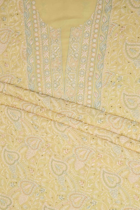 Ada Hand Embroidered Cream Pure Georgette Lucknowi Chikan Unstitched Kurta Dupatta Set With Pearl & Sequinned Work-A610884