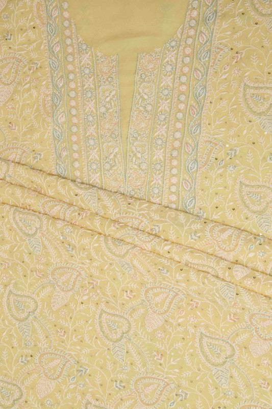 Ada Hand Embroidered Cream Pure Georgette Lucknowi Chikan Unstitched Kurta Dupatta Set With Pearl & Sequinned Work-A610884
