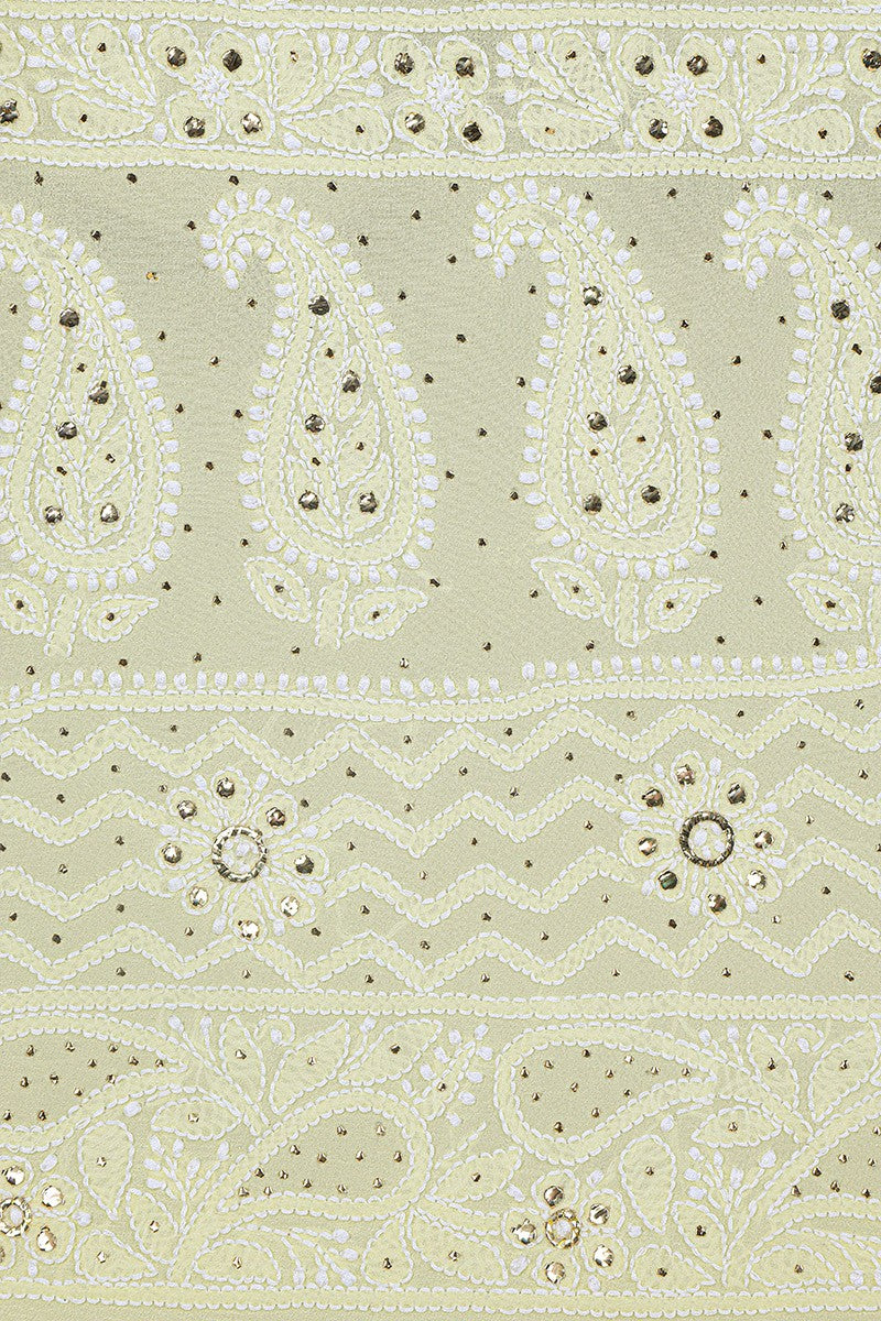 Ada Hand Embroidered Lemon Pure Georgette Lucknowi Chikankari Unstitched Lehenga Skirt (Only Skirt)With Muqaish Work- A468475